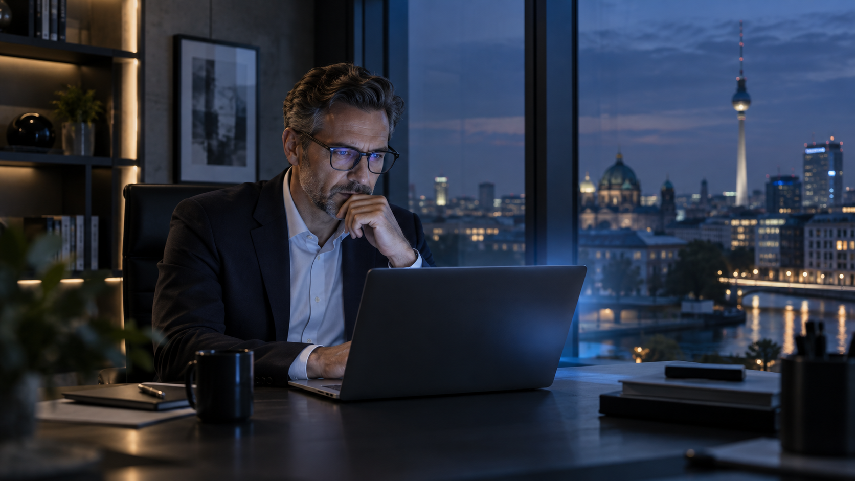 Unternehmer arbeitet abends sicher an einem Laptop in einem Berliner Büro