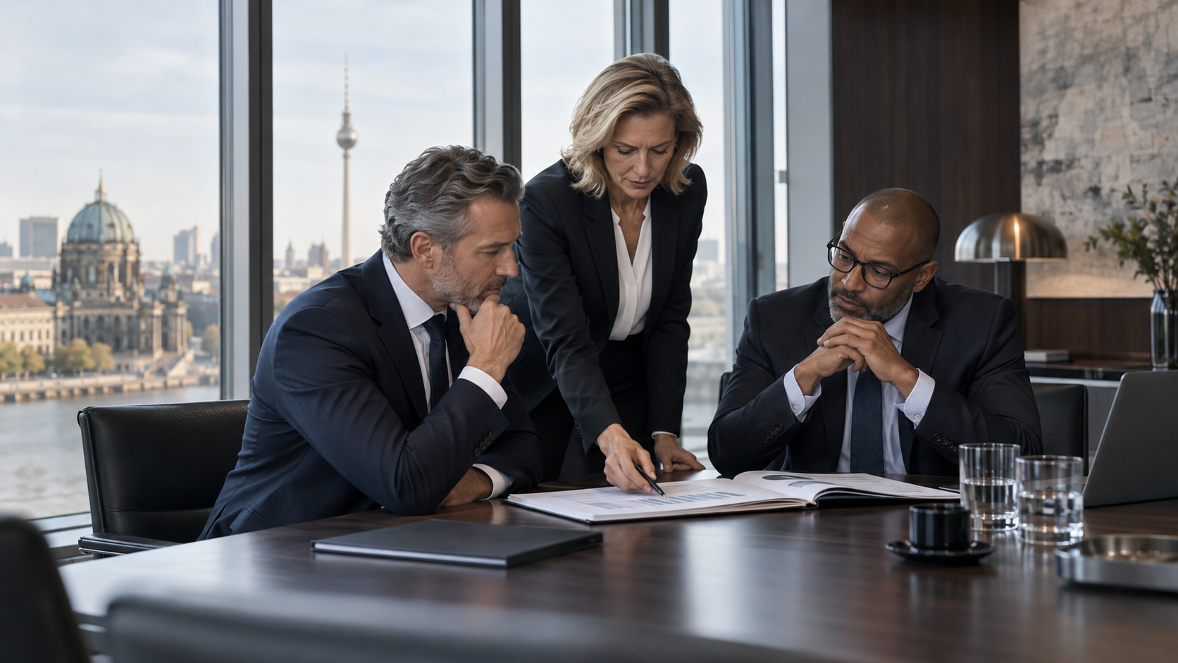 Führungsteam bespricht strategische Entscheidungen in einem Berliner Boardroom