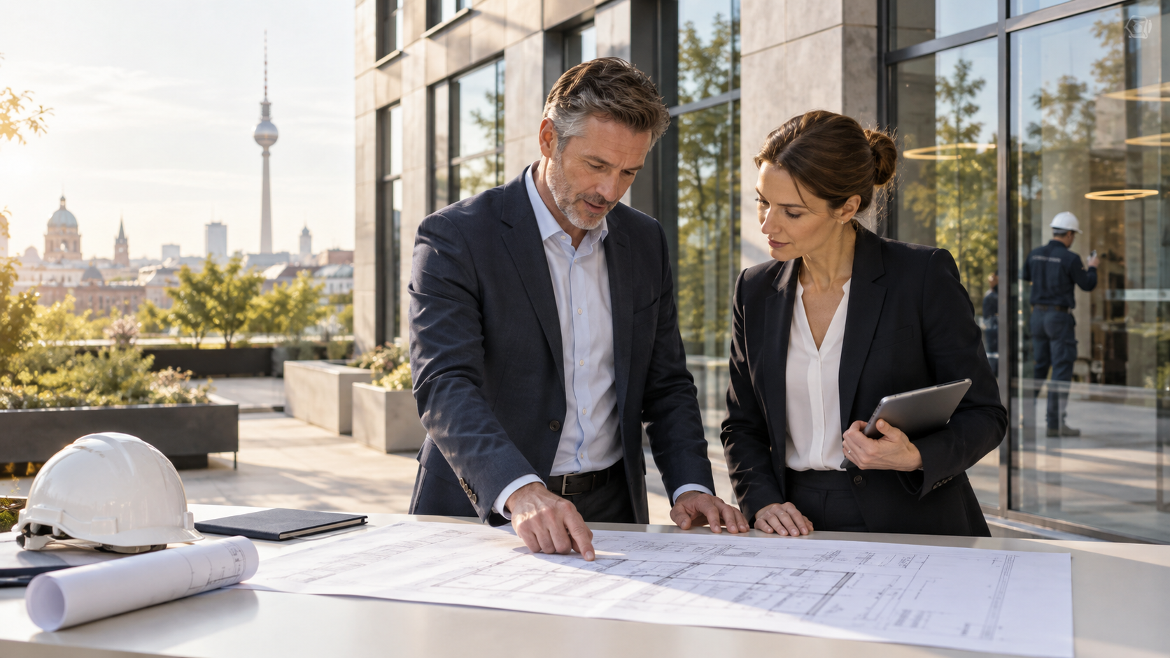 Besprechung zur Schadenprävention an einem modernen Berliner Gebäude
