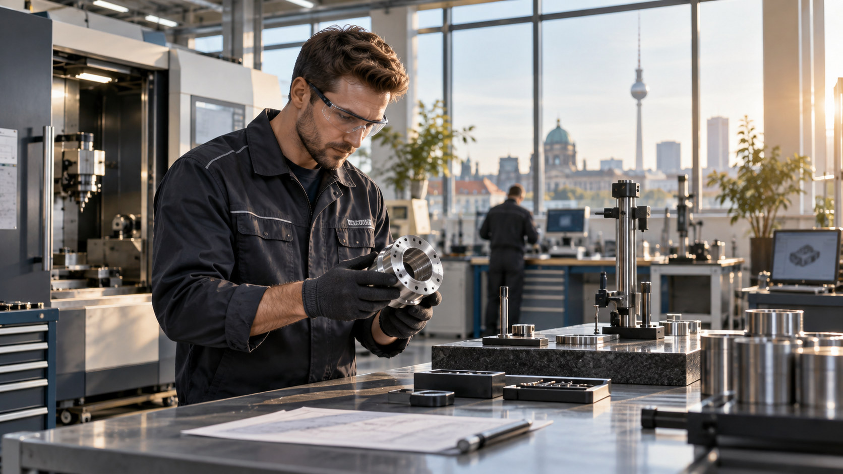 Ingenieur prüft Präzisionstechnik in einer modernen Berliner Werkstatt