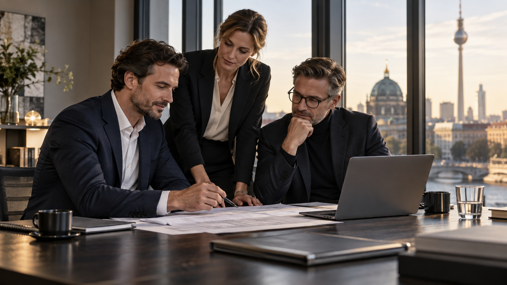 Unternehmer besprechen die Absicherung ihres Unternehmens in einem Berliner Büro