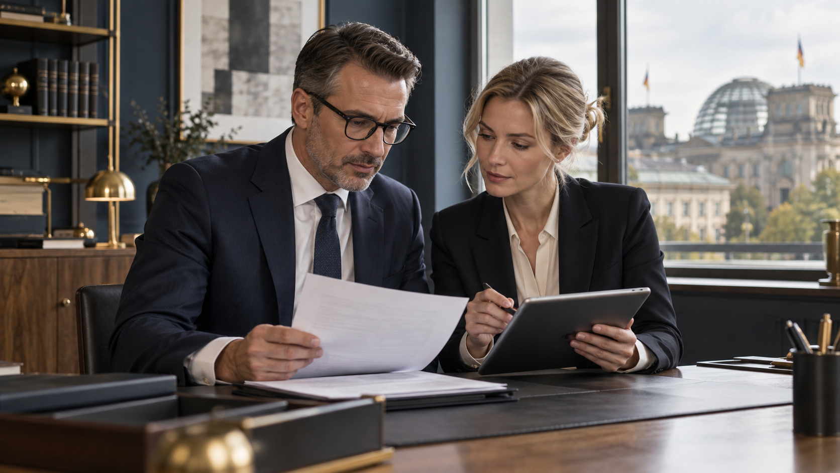 Finanzverantwortliche stimmen sich diskret in einem Berliner Büro ab